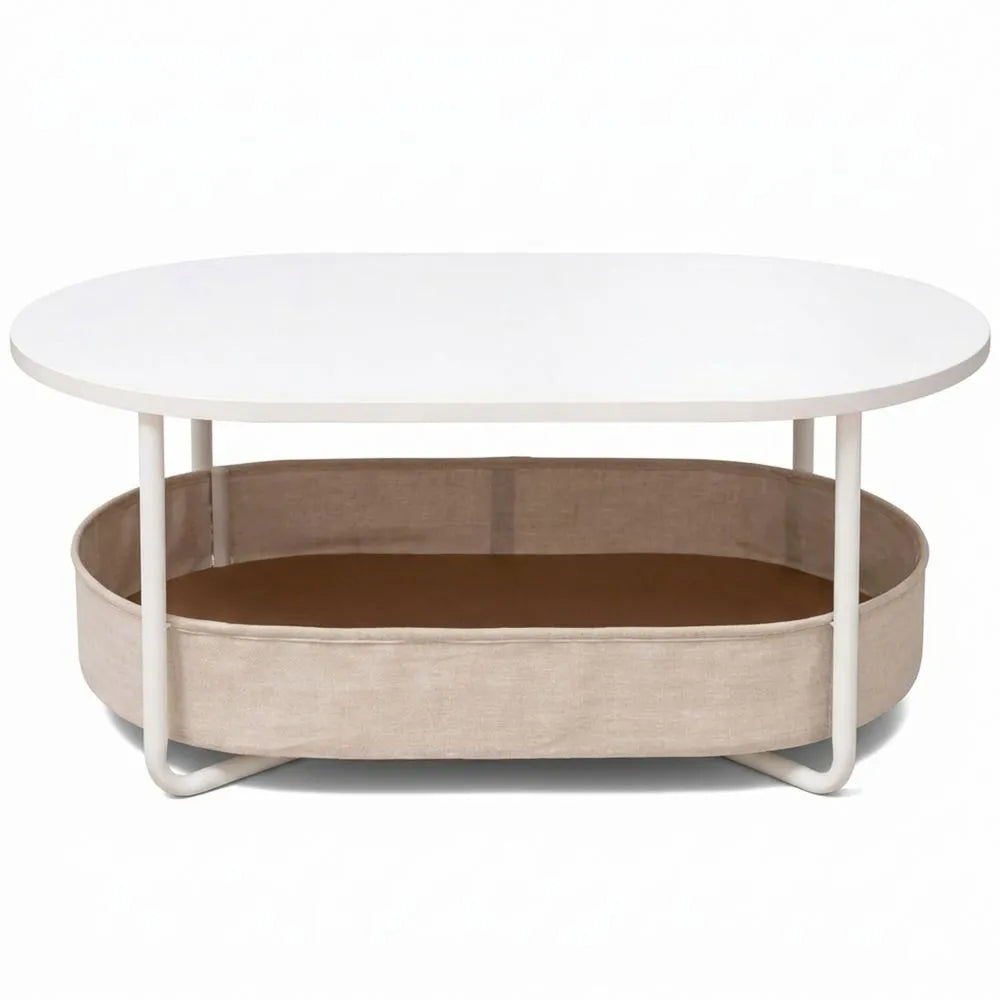 Ovaler Couchtisch mit Stauraum und Stoffkorb, MDF & Eisen, 55x100x45 cm, weiß-beige