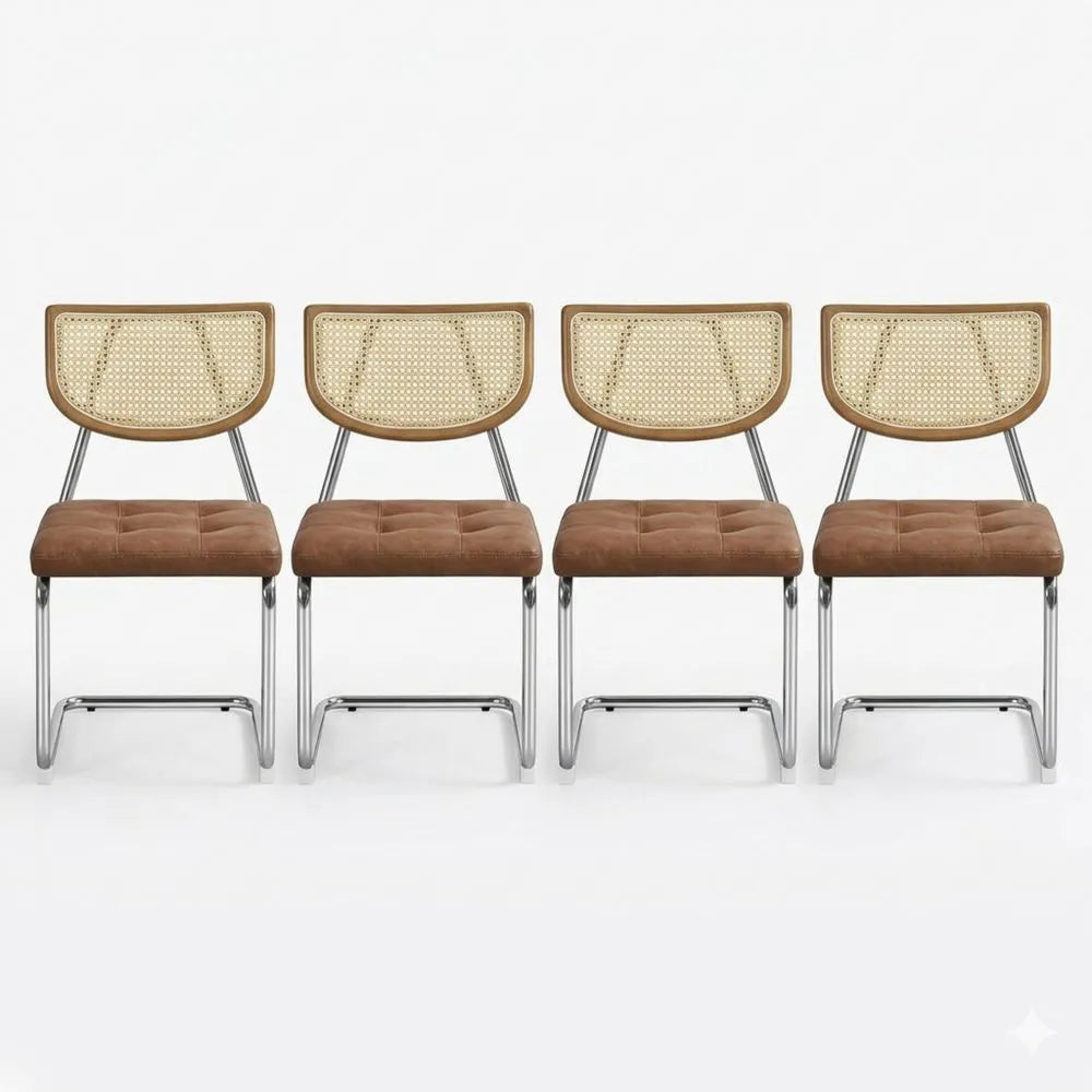 Zwei Schwingstühle mit Polster und Rattan-Rückenlehne, Retro-Braun